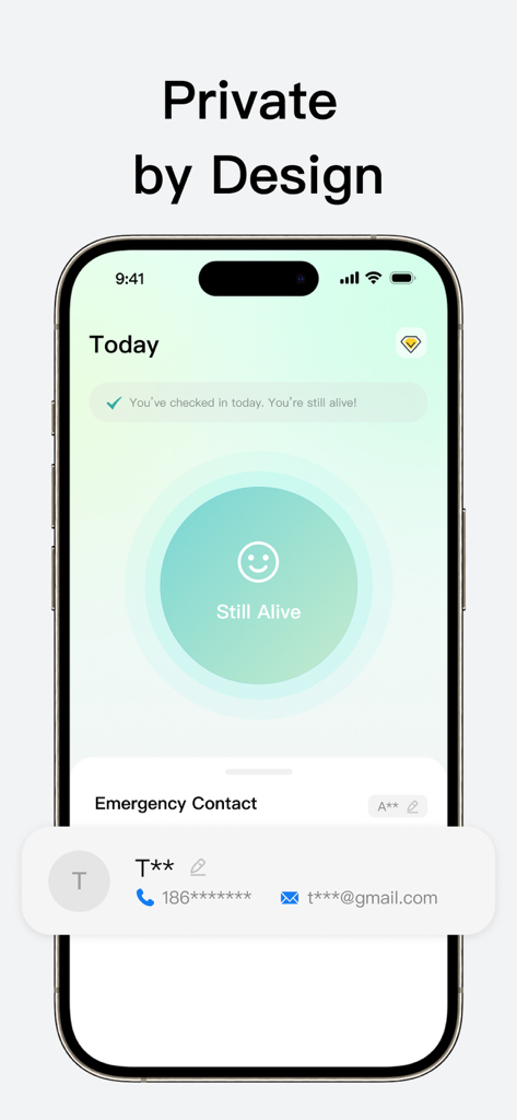 Are you dead-sms&email alert - Captura de pantalla de la aplicación Are You Dead que muestra el estado del registro diario y la configuración de contacto de emergencia bajo el encabezado Privado por Diseño.