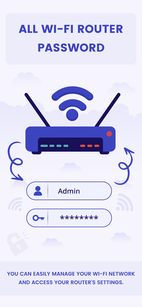 Introductory screen of the All Router Password Manager app showing login fields and a router icon