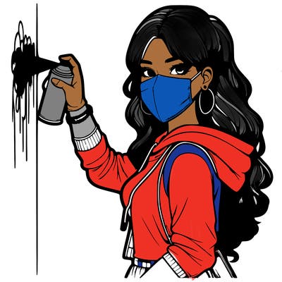 realistic girl with mask spray painting a wall