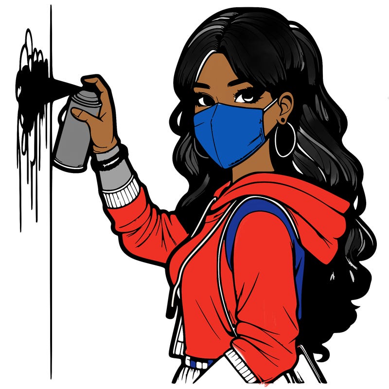 realistic girl with mask spray painting a wall