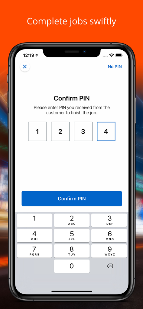 Tela de confirmação de PIN no aplicativo Talixo Driver usada para concluir um trabalho de transporte profissional.