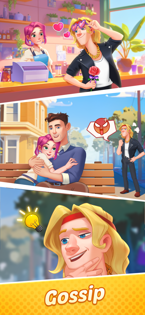 Gossip Street: Merge & Cook - Three panels illustrating love triangle drama and gossip in the mobile game Gossip Street