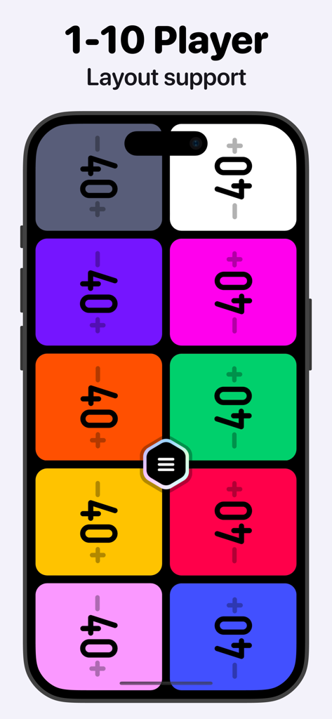Lotus MTG ライフカウンターアプリインターフェース。カラフルなライフ追跡タイルを備えた 10 人用レイアウトを表示しています