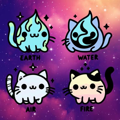 4 cats that represent the different elements, earth, water, air, and fire