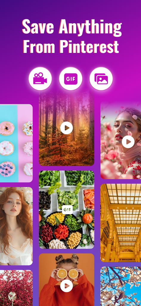 TikPro : Save Tik Videos - App interface showing saved videos and images from Pinterest with curation tools