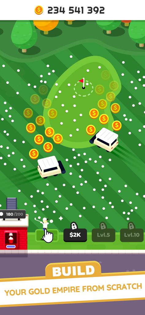 Golf Inc. Tycoon - Juego de Golf Inc Tycoon mostrando carritos de golf recogiendo dinero en un campo de prácticas y un golfista golpeando pelotas en un green.