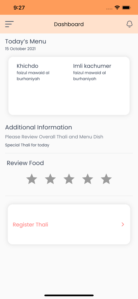 FMB and JMS Application - Dashboard of the FMB and JMS app displaying today's menu and a food review section.