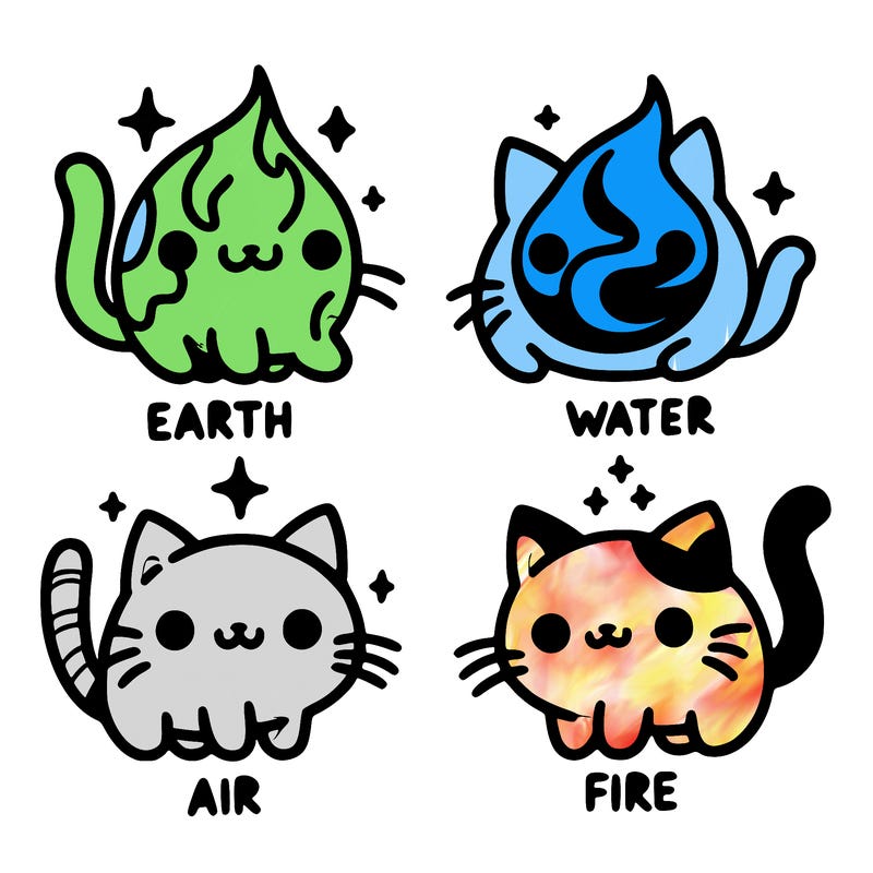 4 cats that represent the different elements, earth, water, air, and fire