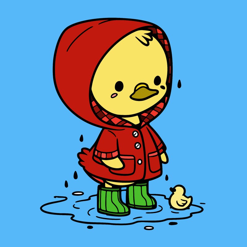 baby duck in a rain coat and boots, in a puddle while it’s raining