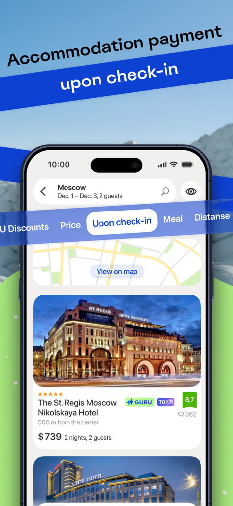 Ostrovok – Book a Hotel - Smartphone screen displaying Ostrovok app hotel search results with payment upon check-in filter selected