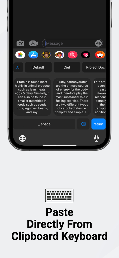 Eine benutzerdefinierte iPhone-Tastatur, die mehrere Elemente des Zwischenablageverlaufs für schnelles Einfügen anzeigt