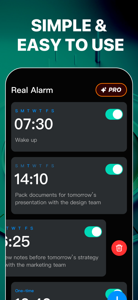 Workday & Holiday Real Alarm - Una lista de alarmas programadas con notas personalizadas en la interfaz de Real Alarm Pro.