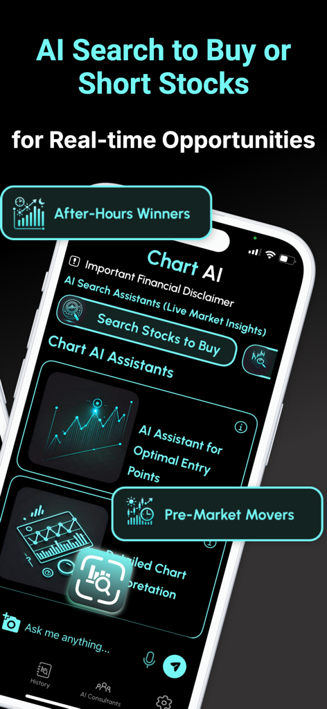 Écran de smartphone de l'application Chart AI Pro affichant des outils de recherche boursière en temps réel et des informations de marché alimentées par l'IA pour les traders.