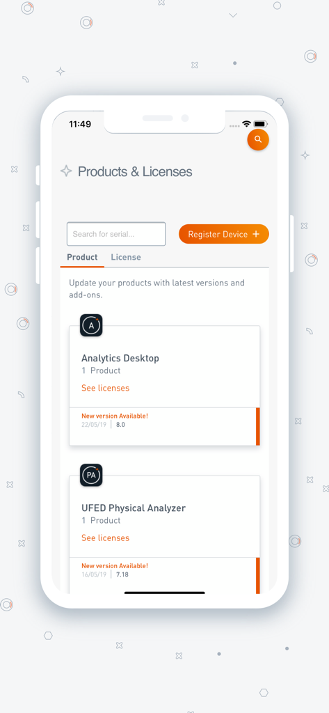 Screenshot of the Products and Licenses section in the My Cellebrite Community app showing forensic tools like Analytics Desktop and UFED Physical Analyzer with update notifications.