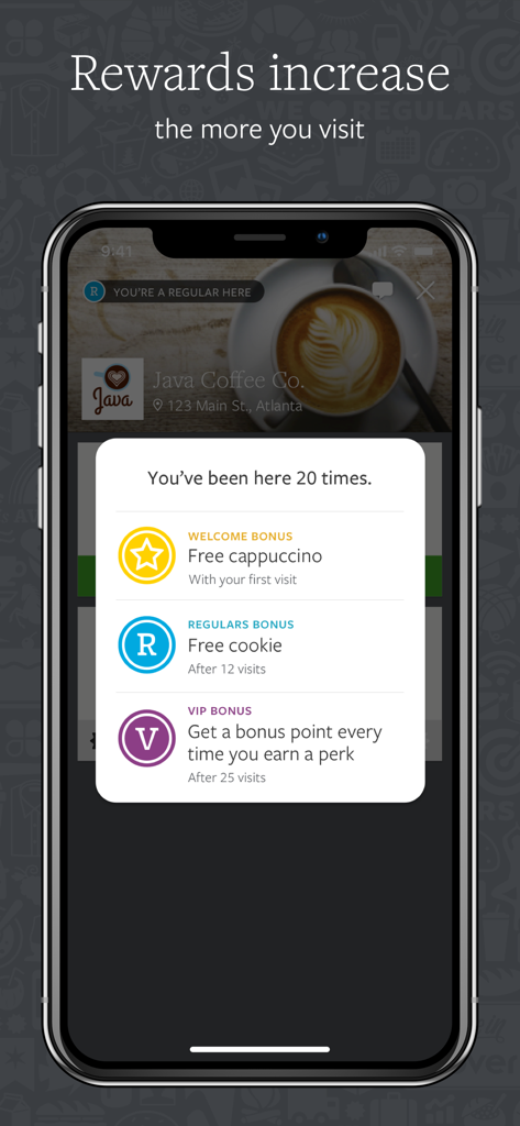 Clover - Clover app displaying customer loyalty rewards and bonuses for a local coffee shop