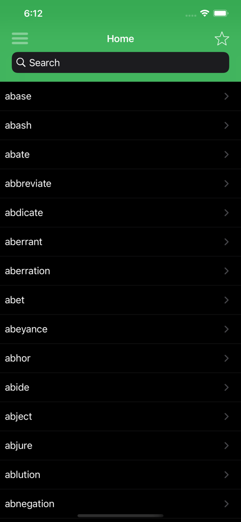 A searchable list of GRE vocabulary words starting with the letter A in the English Vocabulary Builder mobile app.