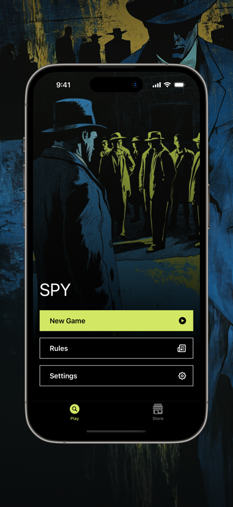 Spy: The Party Game - Schermata principale dell'app Spy: The Party Game con un'illustrazione in stile noir e un pulsante Nuova Partita.