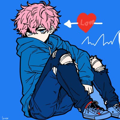 a male hoddie ripped jeans messy hair anime