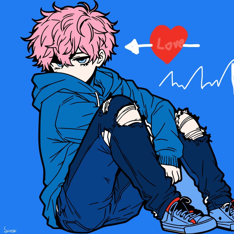 a male hoddie ripped jeans messy hair anime