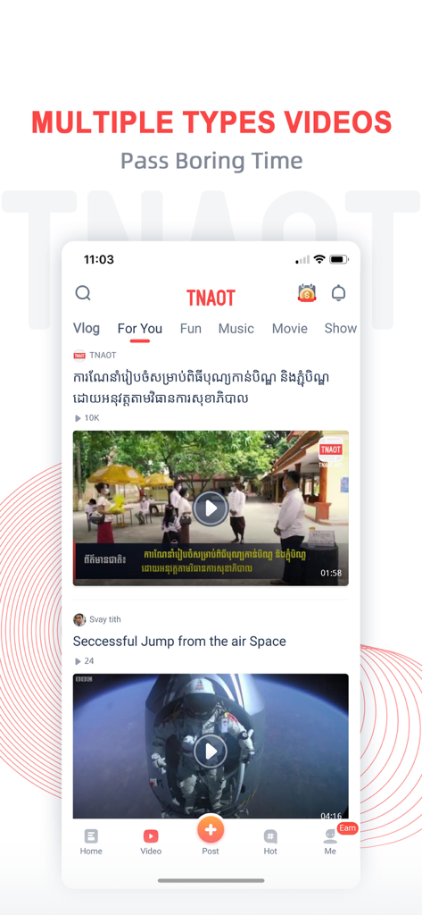 TNAOT - Khmer Content Platform - TNAOT app interface displaying a video feed with various categories including music and vlogs