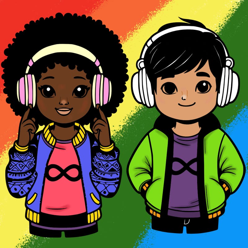 an afroamerican girl with headphones and a boy with headphones, they have an ♾️ symbol on their shirt