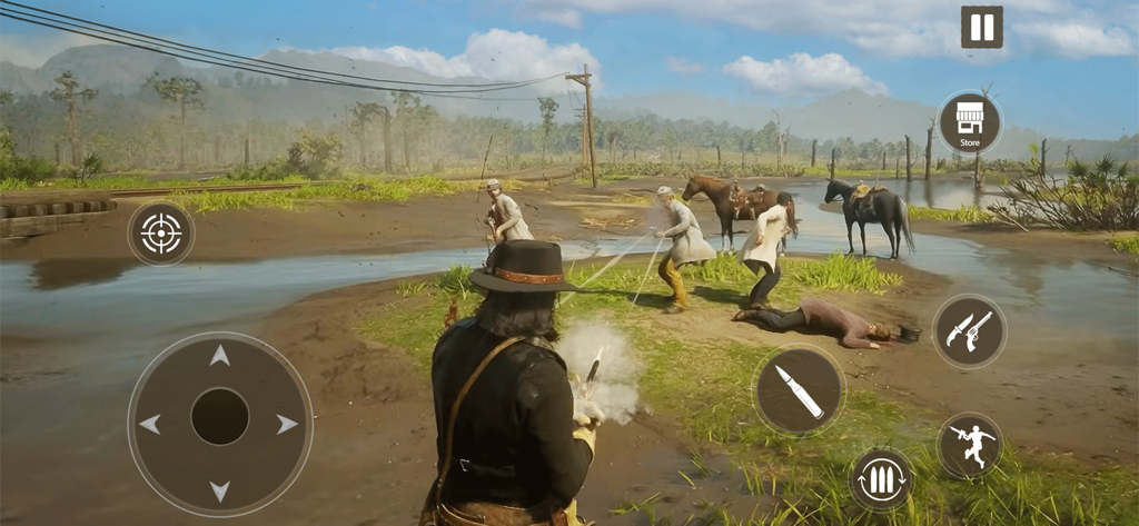 Wild West Cowboy Redemption 3D - A 3D cowboy character engaging in a gunfight in a wild west marshland environment within the mobile game