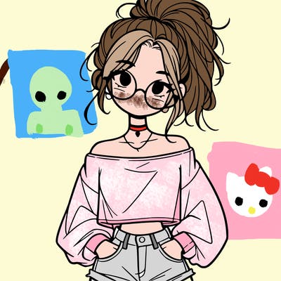 girl with a messy ponytail glasses a baggy crop top and jean shorts