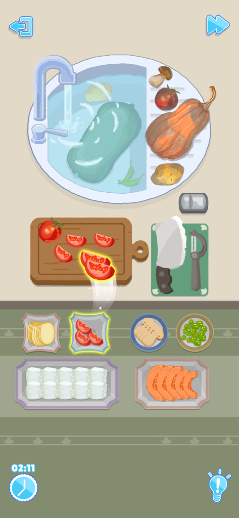 Tidy Up: Perfect Games - A satisfying kitchen organization level where sliced vegetables are neatly sorted into trays.