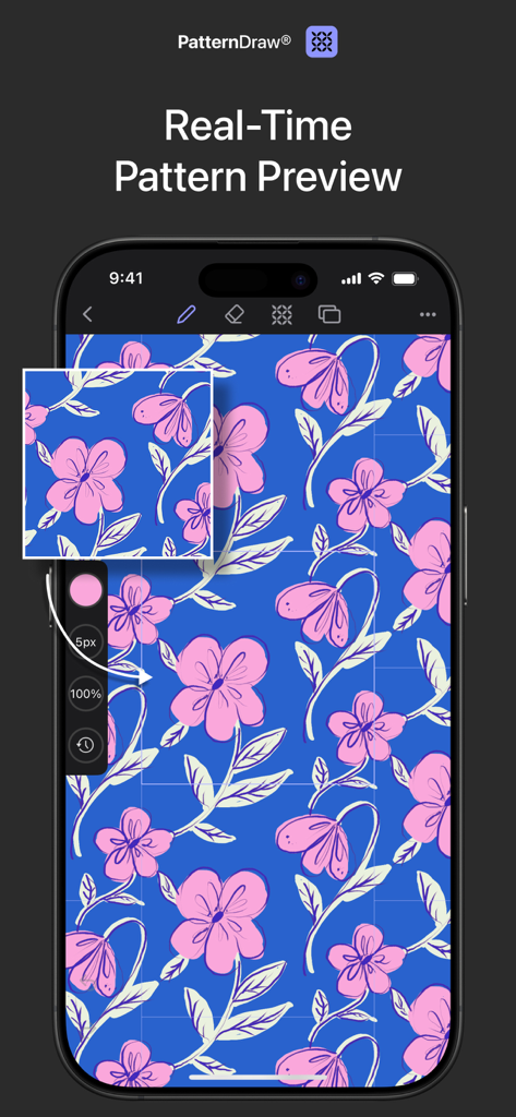 iPhone showing real-time floral pattern preview in PatternDraw app