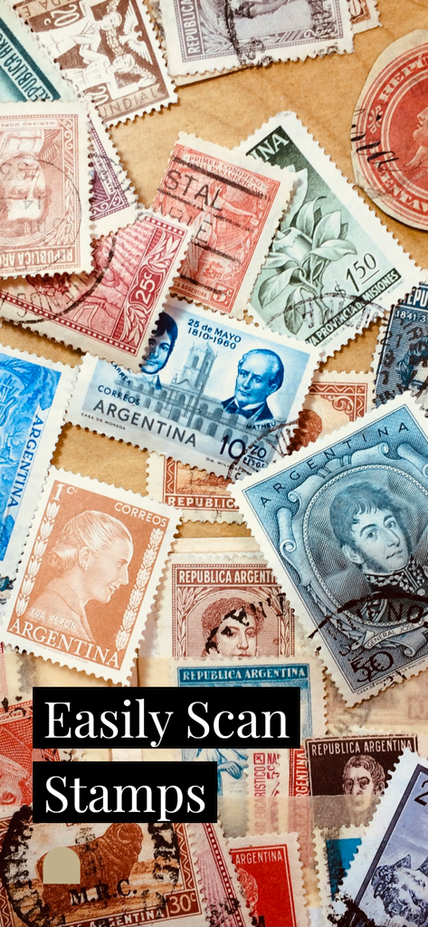 Stamp Identifier - Postage ID - A collection of vintage postage stamps with the text Easily Scan Stamps overlaid