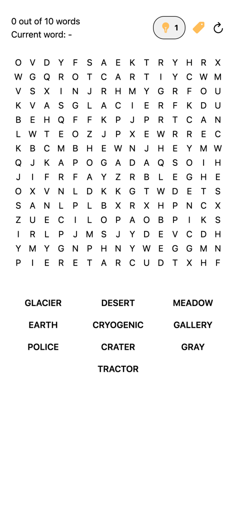 Words Soup - A minimalist word search puzzle grid from the Words Soup app featuring a list of hidden words