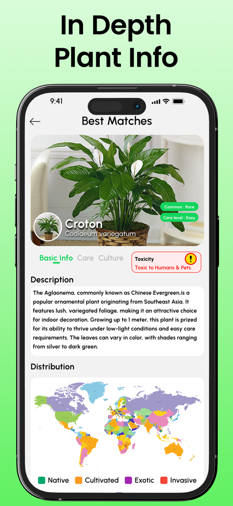 Plant Identifier + Plant Care - Pantalla de la aplicación móvil mostrando información detallada de la planta y un mapa de distribución global.