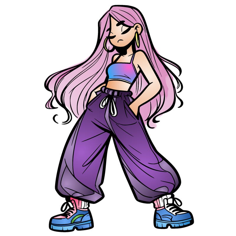 girl in baggy pants crop top and long hair