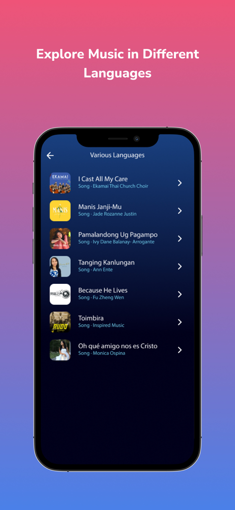 MusicVerse - Smartphone screen showing the MusicVerse app with a list of sacred songs in various languages