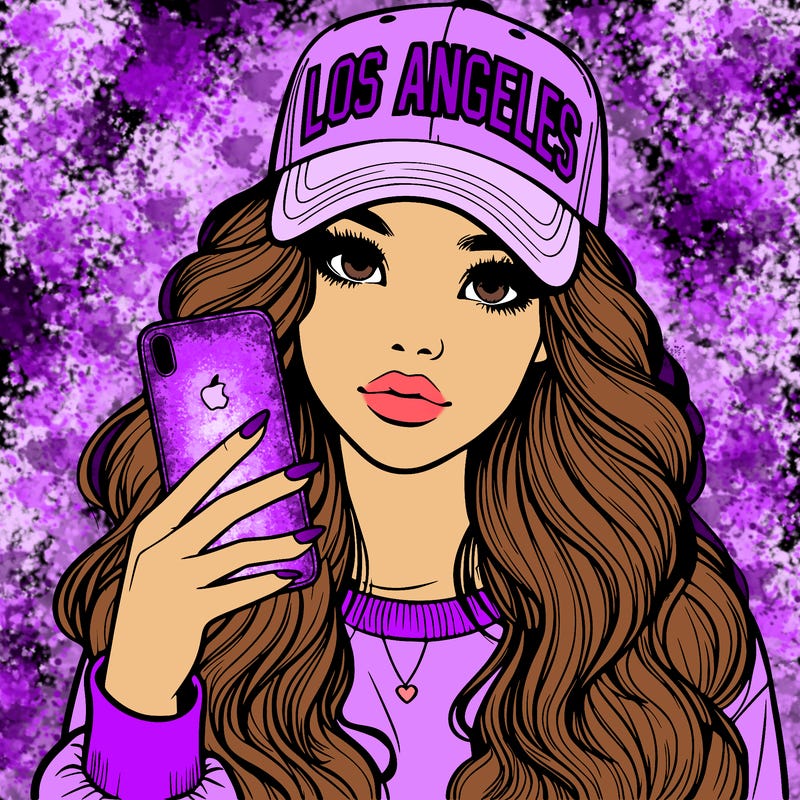 realistic beautiful girl wearing los ángeles cap holding an iphone