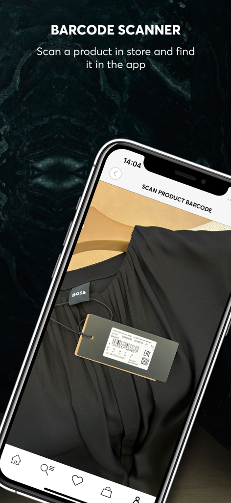 HUGO BOSS - Premium Fashion - Uno smartphone che scansiona un codice a barre di un prodotto BOSS utilizzando l'app HUGO BOSS.
