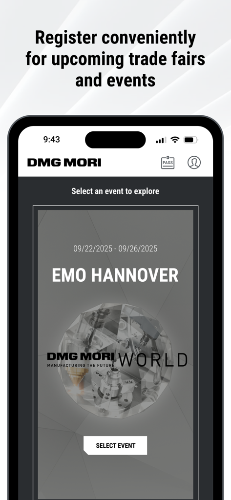 DMG MORI - DMG MORI 앱 스크린샷으로 EMO 하노버 무역 박람회 등록 화면을 보여줍니다.