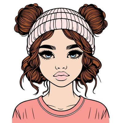 realistic girl with buns in her hair with a beanie on