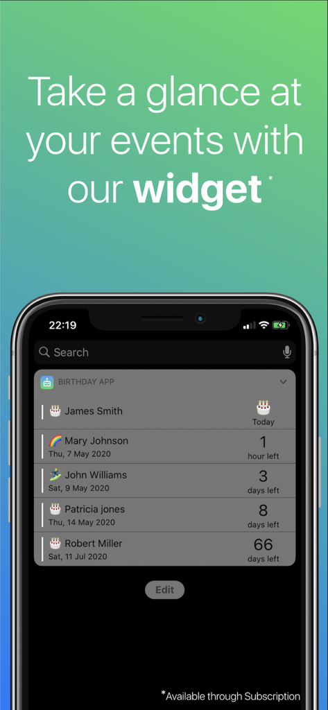 iOS widget showing a list of upcoming birthdays with names and countdown timers
