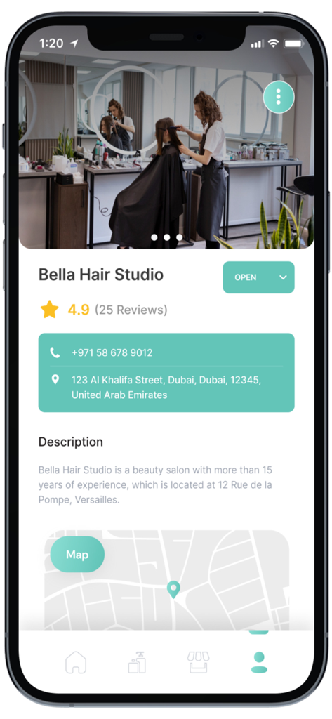 Caly Pro - Caly Pro mobile Benutzeroberfläche, die ein Schönheitssalon-Profil mit Geschäftsinformationen und Standort anzeigt
