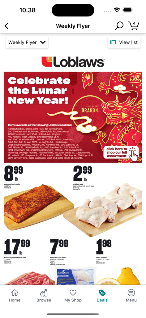 PC Express - Folleto semanal en la aplicación PC Express que muestra ofertas de comestibles de Loblaws y especiales de Año Nuevo Lunar