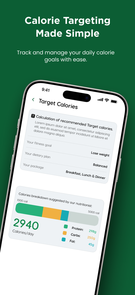 Prep & Co - Prep and Co app interface showing daily calorie targeting and macro breakdown for weight loss goals