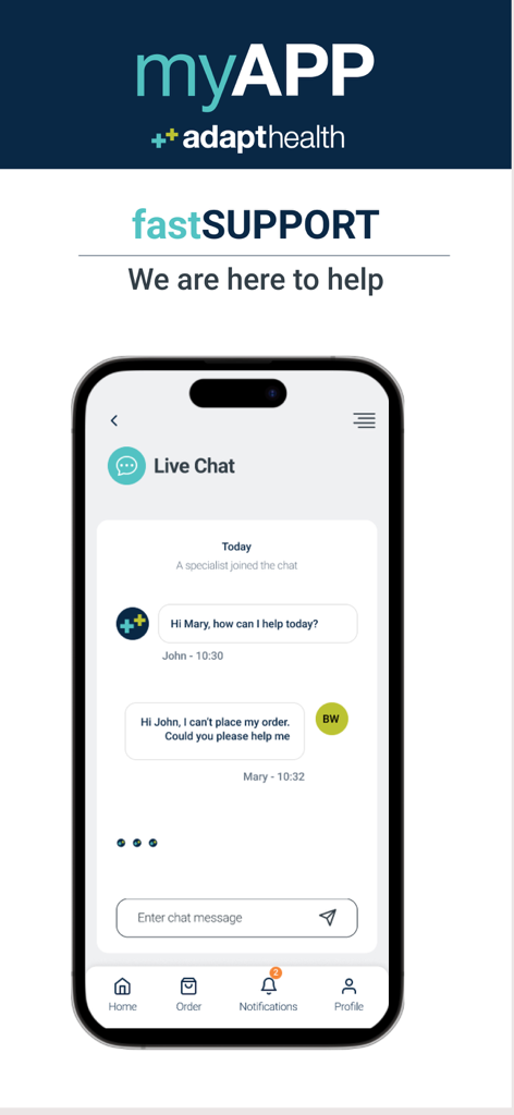 Live chat interface in the myAPP by AdaptHealth mobile application for medical equipment customer support.