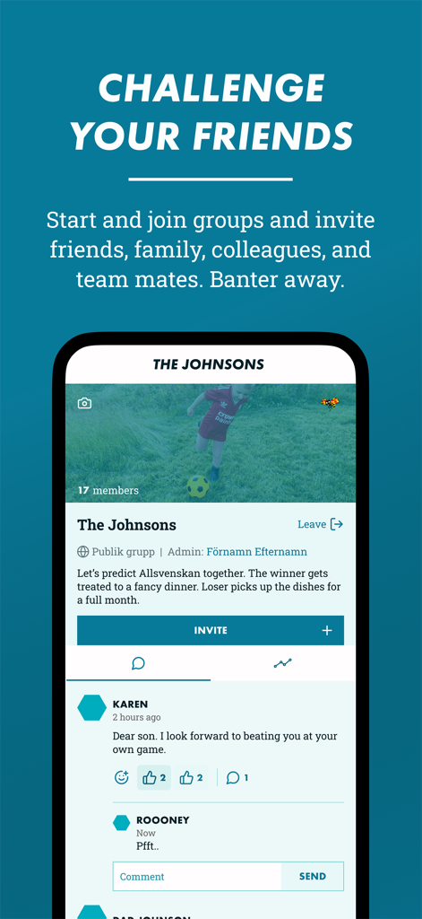 Copabet - Copabet app interface showing a private group social feed for football prediction challenges