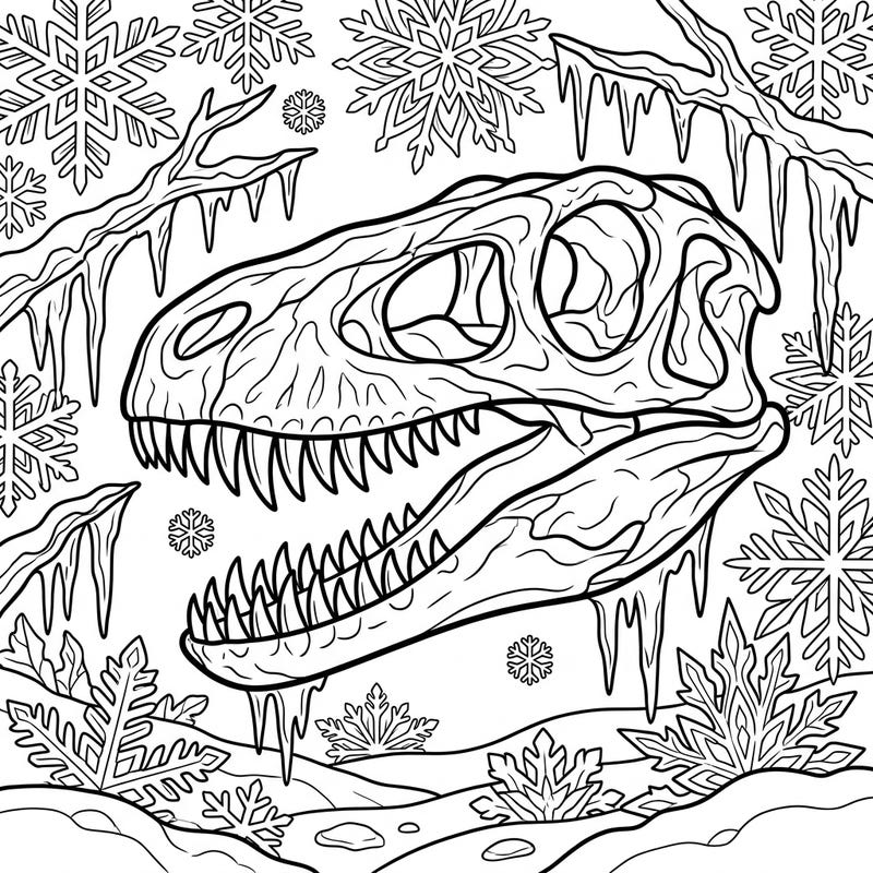 Discover a unique blend of prehistoric might and winter charm with this Velociraptor teeth coloring page. Immerse yourself in a scene where ancient bones meet icy snowflakes for an exciting and engaging creative escape.
