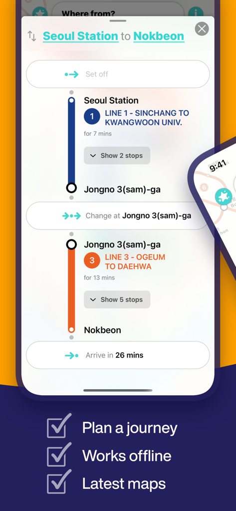 Una guida passo passo del percorso della metropolitana nell'app della metropolitana di Seoul dalla stazione di Seoul a Nokbeon.
