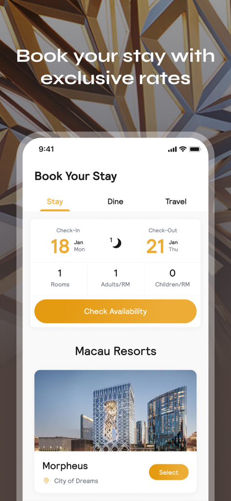 Melco Club - マカオでの高級ホテル予約のためのメルコクラブモバイルアプリ画面。