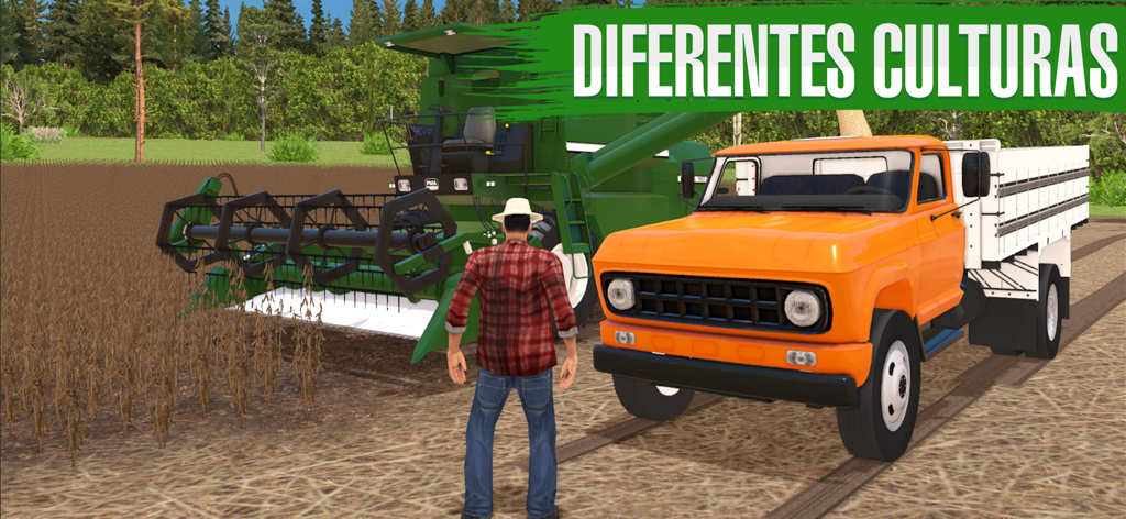 Farming Sim Brasil - A character standing between a green harvester and an orange truck in a harvested field