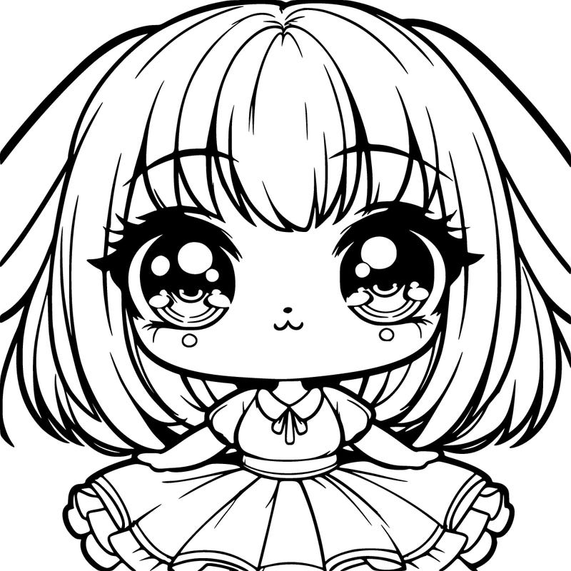 adorable chibi bunny ears girl with short hair with straight bangs and cute big round puppy eyes and with chubby cheeks and cute flawless dress