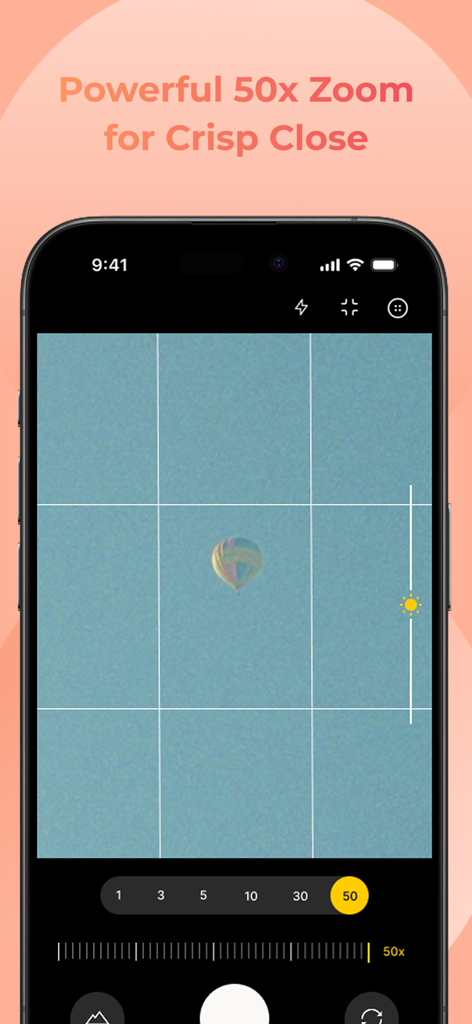 Ultra Zoom 100x Galaxy Camera - Interfaz de la aplicación de cámara del iPhone que muestra un zoom 50x en un globo aerostático